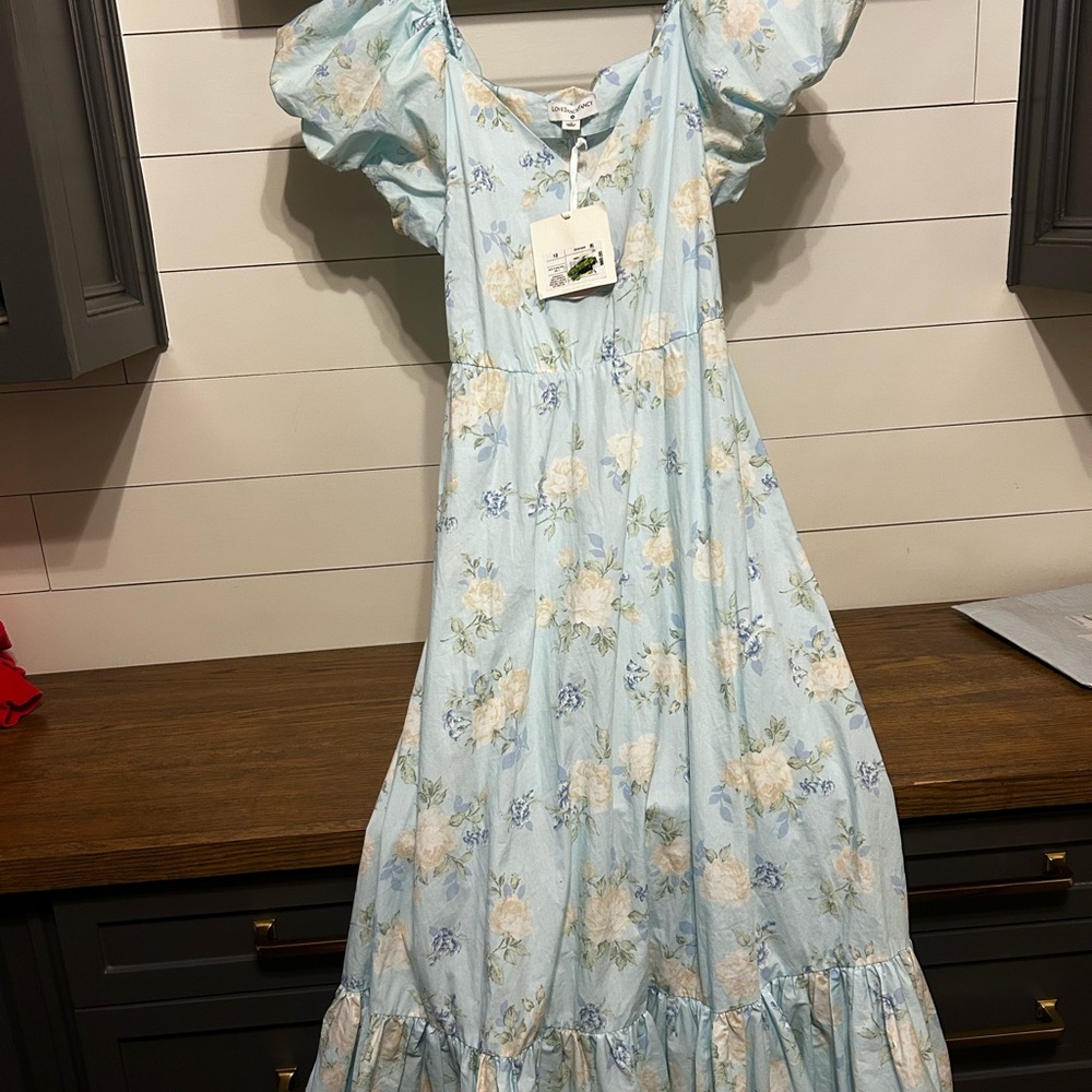 LoveShackFancy Light Blue Floral Off-Shoulder Midi Dress - Picture 4 of 6